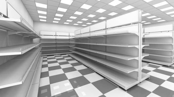 istock The interior of the store with empty shelves for goods. 803068218