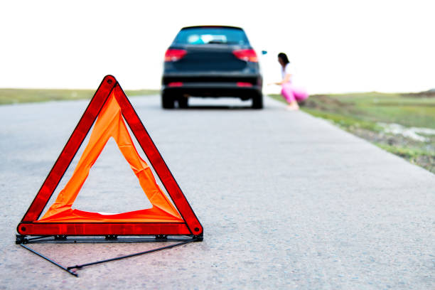 istock Red triangle sign on the road 803071030