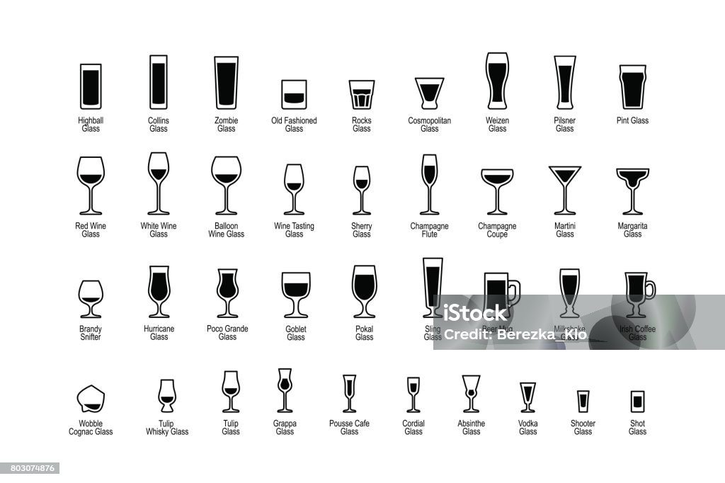 Trinken Sie Gläser mit Titel, schwarze und weiße Icons set - Lizenzfrei Trinkglas Vektorgrafik