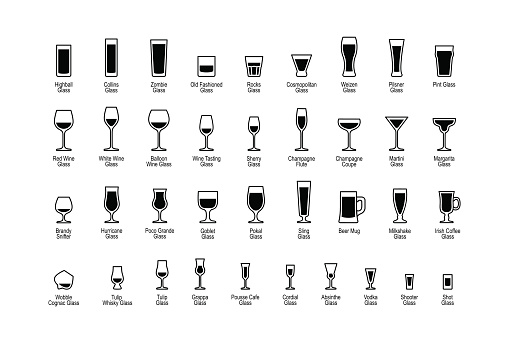 Drink glasses with titles, black and white icons set