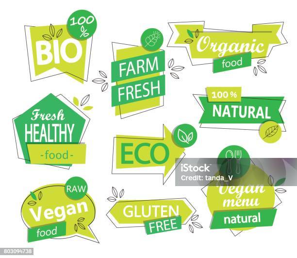 Vetores de Conjunto De Vetores De Bio Eco Adesivos Orgânicos Ou Logotipos e mais imagens de Logotipo