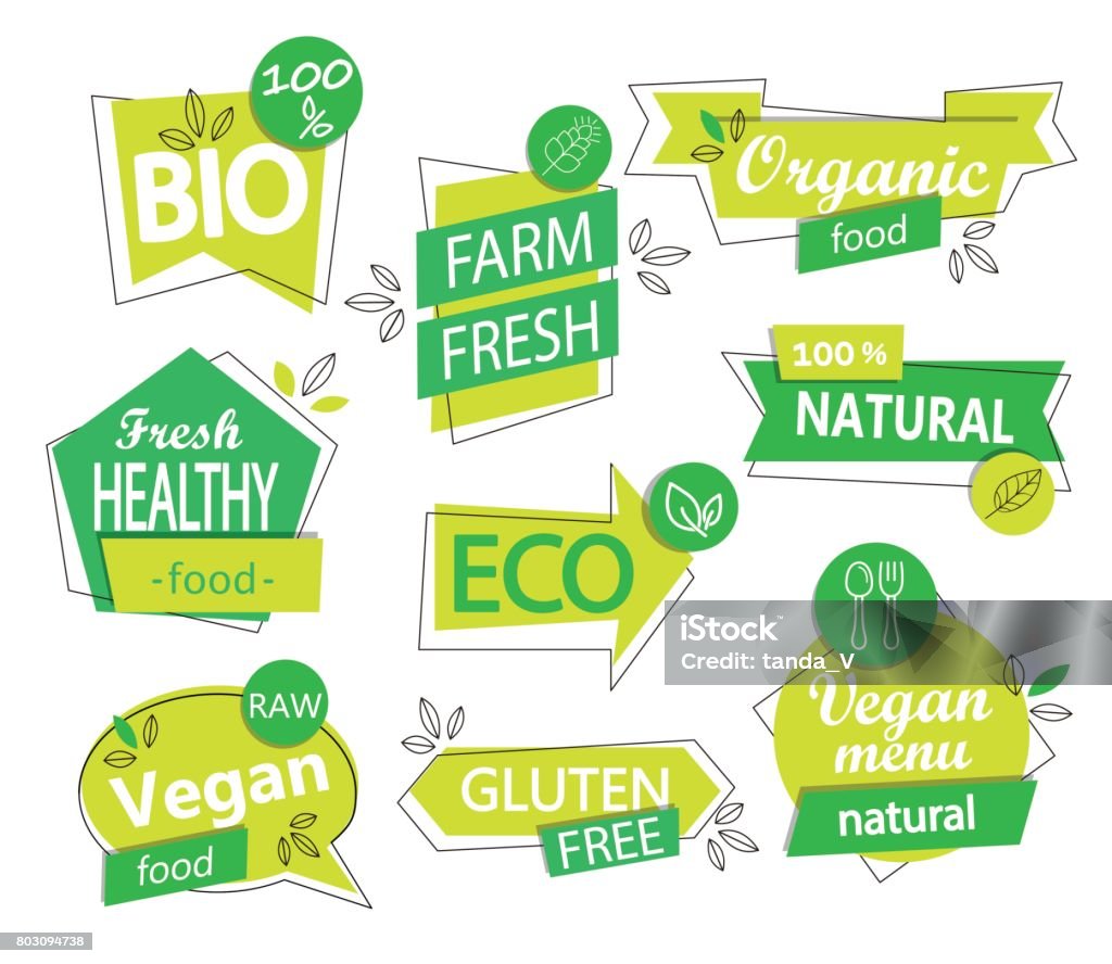 Vector set of bio, eco, organic stickers or logos. Vector set of bio, eco, organic and natural stickers and logos. Vegan and healthy food badges, tags set for your design - cafe, restaurants, packaging etc. Vector illustration. Logo stock vector