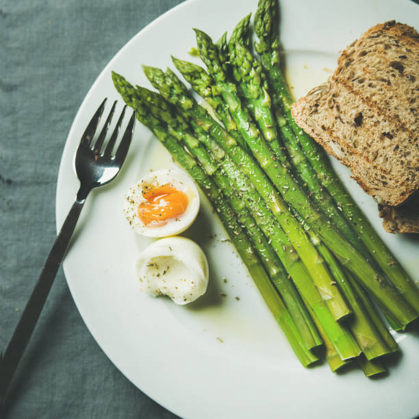 istock Cooked asparagus with soft-boiled egg and grilled bread, square crop 803095084