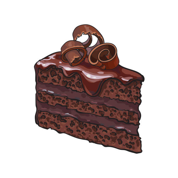 Hand drawn piece of layered chocolate cake with icing, shavings Hand drawn piece of layered chocolate cake with icing and shavings, sketch style vector illustration isolated on white background. Realistic hand drawing of piece, slice of chocolate cake chocolate cake stock illustrations