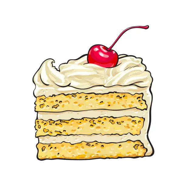 Vector illustration of Piece of layered cake with vanilla cream and cherry decoration