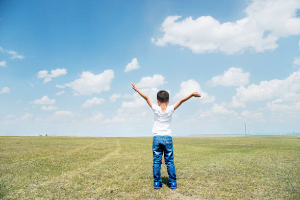 istock Little boy arms raised under blue sky 803095570