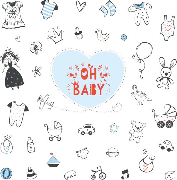 illustrations, cliparts, dessins animés et icônes de enfants de conception set_04 - invitation announcement message diaper little boys