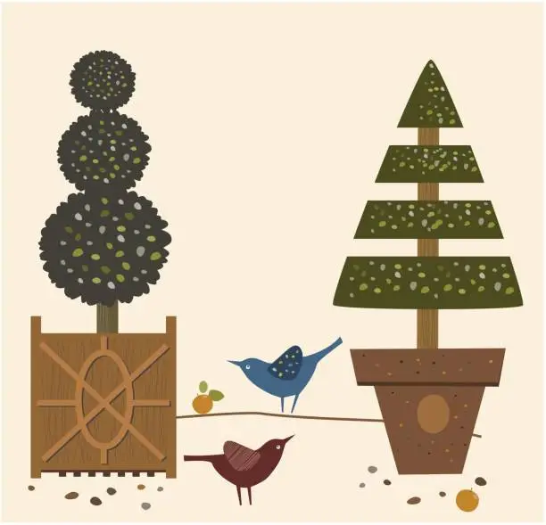 Vector illustration of Decorative Garden Tree in pots and Bird. Potted Plant