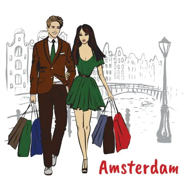 Vector illustration of woman and man with shopping bags