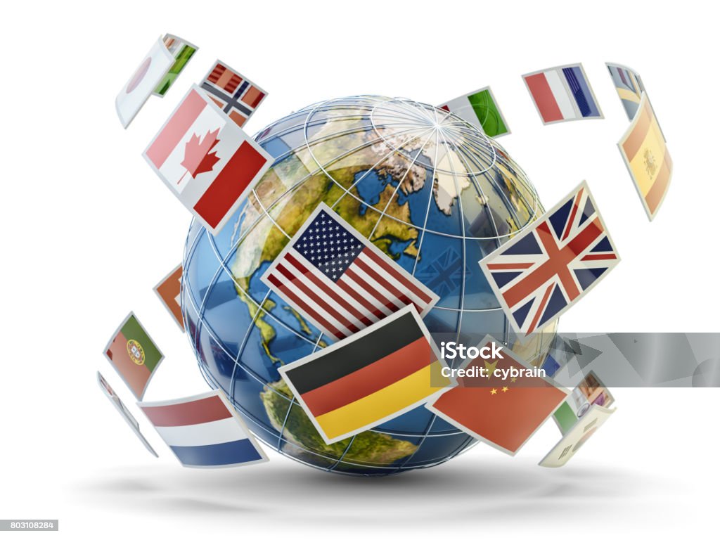 Global communication and international messaging concept National flags of world countries around Earth globe isolated on white
 Globe - Navigational Equipment Stock Photo