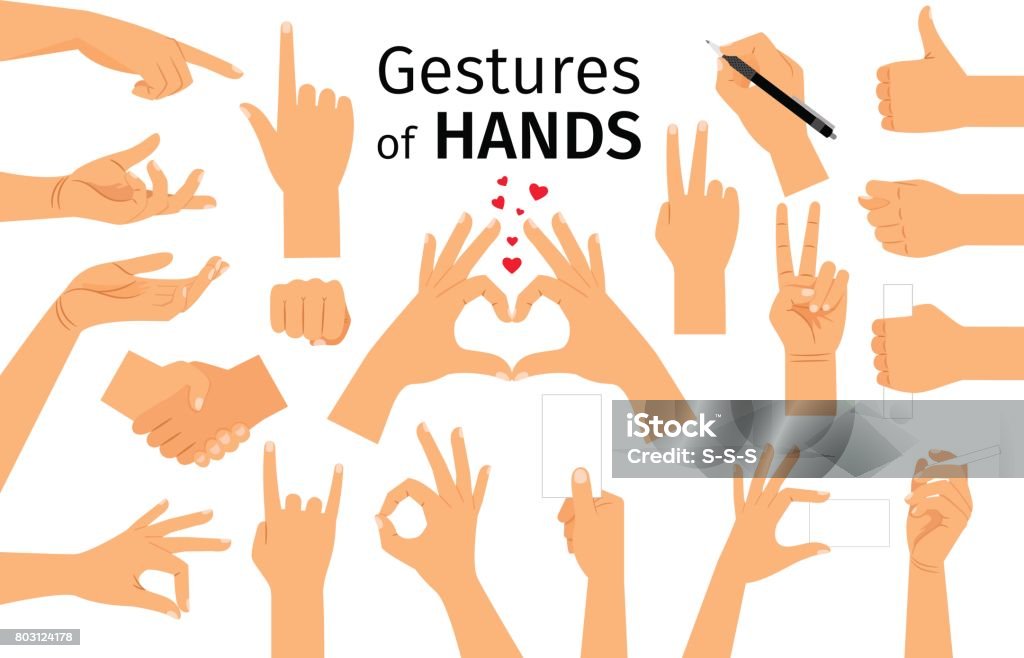 Colored hand gesture set Hands gestures isolated on white background. Colored hand gesture set with manicured nails and good skin vector illustration Hand stock vector