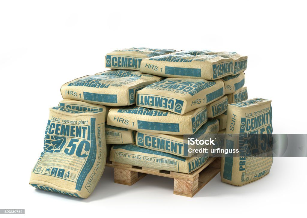 Cement bags stack on wooden pallet. Paper sacks isolated on white background. 3d illustration Cement Stock Photo