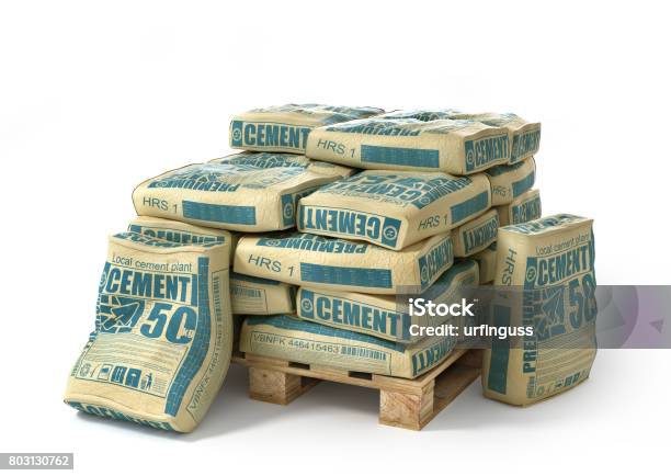 Cement Bags Stack On Wooden Pallet Paper Sacks Isolated On White Background 3d Illustration Stock Photo - Download Image Now