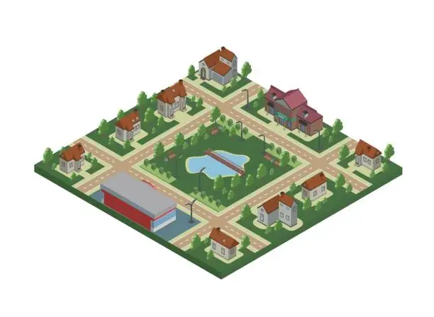 Vector illustration of Isometric map of small town or cottage village. Private houses, trees and pond or lake. Vector illustration, isolated on white.