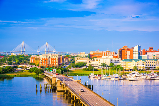 Charleston, South Carolina, USA skyline over the Ashley River.