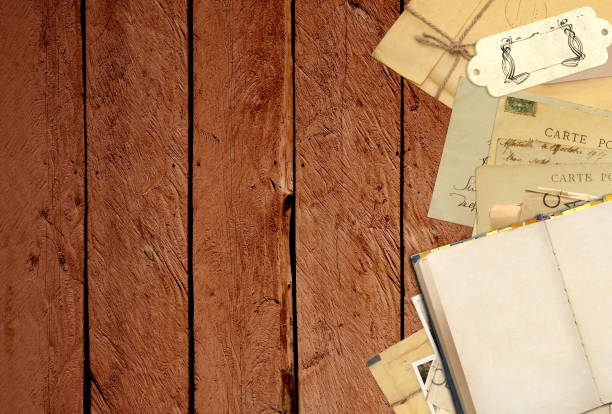 istock Old book and vintage postcards on old wooden planks 803141032