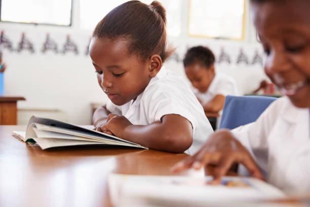 istock Elementary school girl reading a book at her desk in class 803145650