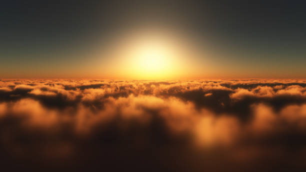 fly over clouds sunset - golden sunset imagens e fotografias de stock