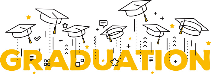 Vector illustration of word graduation with graduate caps on a white background. Caps thrown up. Congratulation graduates 2017 class of graduations. Line art design of greeting, banner, invitation card for the graduation party with hat