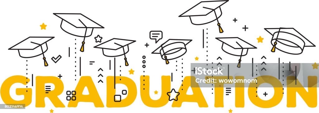 Vector illustration of word graduation with graduate caps on a white background. Caps thrown up. Congratulation graduates 2017 class of graduations. Vector illustration of word graduation with graduate caps on a white background. Caps thrown up. Congratulation graduates 2017 class of graduations. Line art design of greeting, banner, invitation card for the graduation party with hat Graduation stock vector