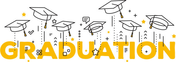 Vector illustration of word graduation with graduate caps on a white background. Caps thrown up. Congratulation graduates 2017 class of graduations. Vector illustration of word graduation with graduate caps on a white background. Caps thrown up. Congratulation graduates 2017 class of graduations. Line art design of greeting, banner, invitation card for the graduation party with hat cap hat illustrations stock illustrations