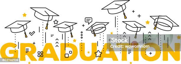 Vector Illustration Of Word Graduation With Graduate Caps On A White Background Caps Thrown Up Congratulation Graduates 2017 Class Of Graduations Stock Illustration - Download Image Now