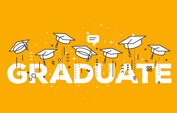 istock Vector illustration of word graduation with graduate caps on a yellow background. Congratulation graduates 2017 class of graduations. Caps thrown up. 803146988