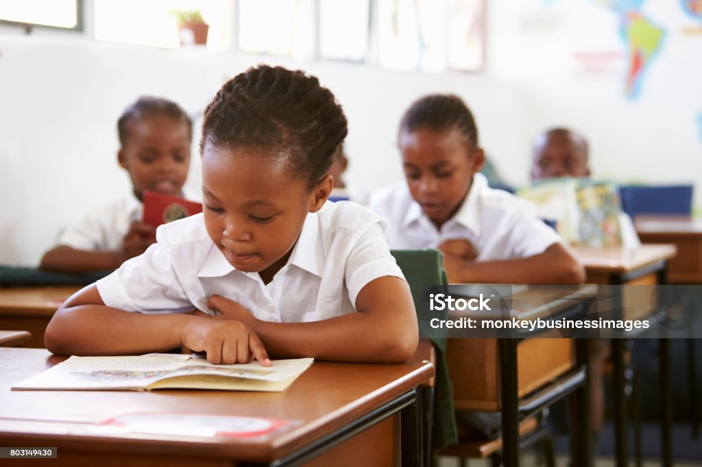 Colegiala de la lectura en su escritorio en la lección de la escuela primaria - Foto de stock de Afrodescendiente libre de derechos