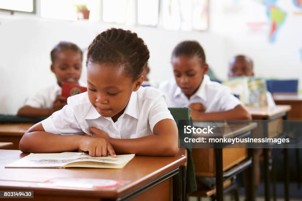 Photo libre de droit de Écolière À Son Pupitre De Lecture Dans La Leçon De Lécole Élémentaire banque d'images et plus d'images libres de droit de D'origine africaine