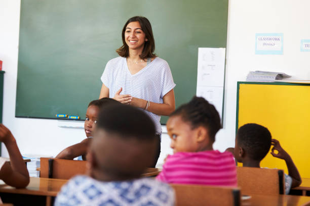 istock Female volunteer teacher in front of class at an elementary school 803150430