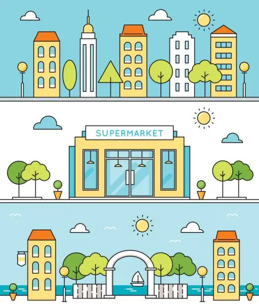 Vector illustration of City Vector Illustration of Buildings, Streets, Supermarket, Seafront, Hotels. Flat Colored Outline Style