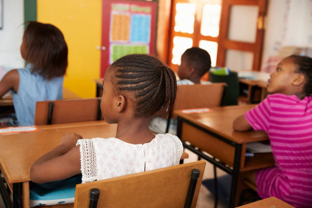 istock Back view of African kids in an elementary school class 803164388