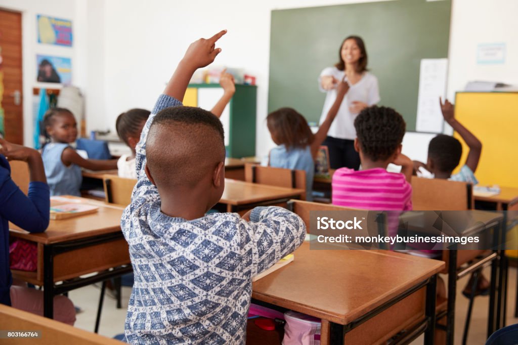Teacher and elementary school class, foreground in focus African Ethnicity Stock Photo