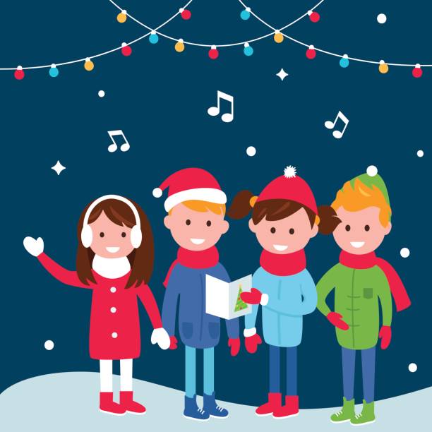 크리스마스 이브에 캐롤을 노래 하는 아이 들 - caroler christmas music winter stock illustrations