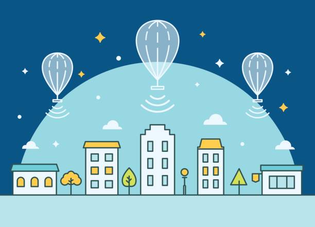 Internet Balloons Floating above the Town. Providing Access Illustration Internet Balloons Floating above the Town. Providing Access Illustration stratosphere stock illustrations