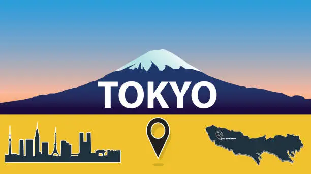 Vector illustration of Vector illustration flat design of Mount Fuji - Japan - Tokyo. Bonus map silhouette and building isolated, you are here sign. Customizable, sunrise moment of the day representation.