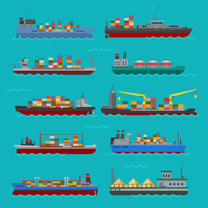 Set of commercial delivery cargo vessels and tankers shipping bulk carrier train ferry freight industrial goods side view isolated tankers boat vector illustration