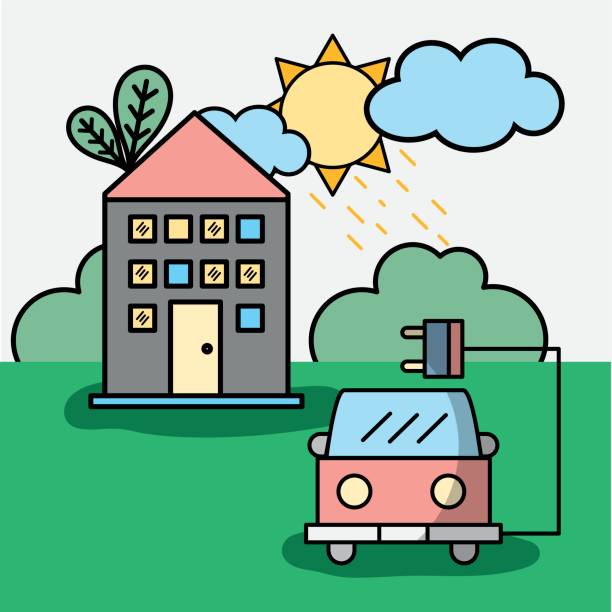 ilustrações, clipart, desenhos animados e ícones de casa e firetruck com cabo de alimentação - house residential structure cable sun