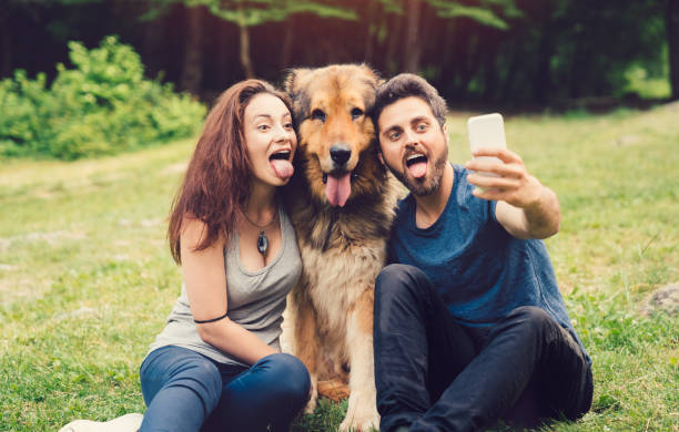 Dog owners taking selfie with dog in the city park Young couple and dog sticking out tongues for a selfie at the countryside tongue photos stock pictures, royalty-free photos & images