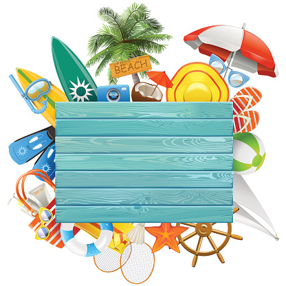 Vector Beach Concept with Blue Board isolated on white background
