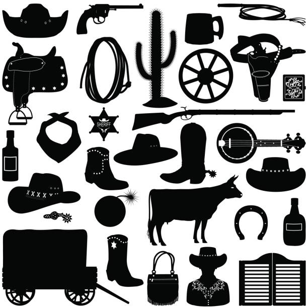 illustrazioni stock, clip art, cartoni animati e icone di tendenza di pittogrammi cowboy vettoriali - horseshoe cowboy fire cowboy hat