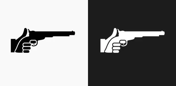 Vector illustration of Holding Pistol Icon on Black and White Vector Backgrounds