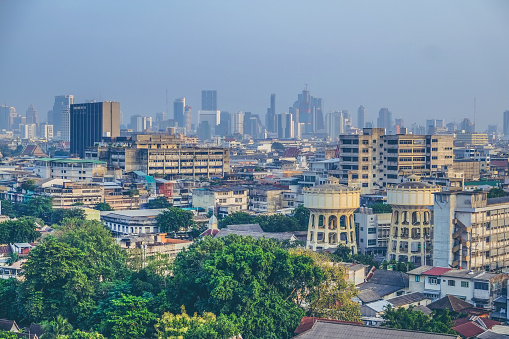 Bangkok cityscape with sky and horizontal line background from golden mountain Bangkok, Thailand