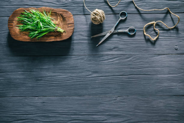 Fresh tarragon and scissors Fresh tarragon bunch on wooden plate with scissors and string for tying. Matt black wooden background. Top view tarragon cutting board vegetable herb stock pictures, royalty-free photos & images