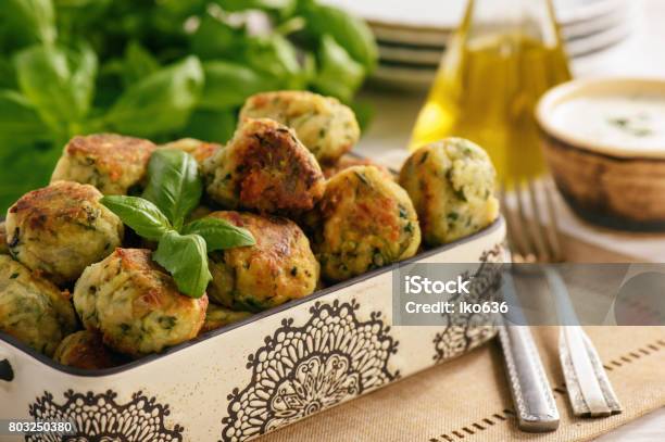 Fried Crispy Zucchini Balls With Feta Cheese Vegetarian Food Stock Photo - Download Image Now