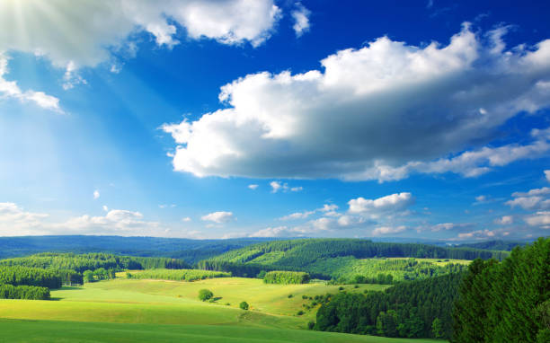 istock Blue sky with clouds and green field 803257320