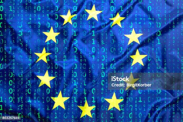 Binary Code With European Union Flag Stock Photo - Download Image Now - European Union, European Union Flag, Internet