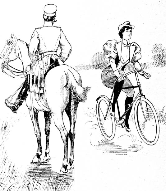 istock Woman cycling and soldier on horse passing by 803265544