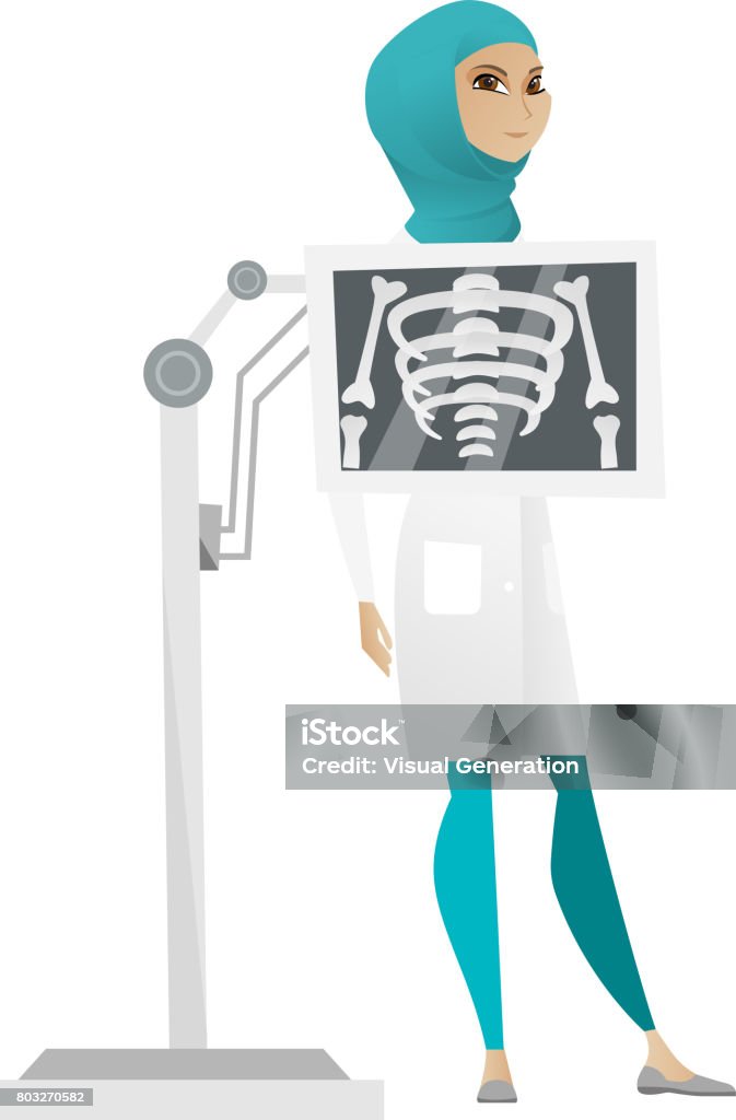 Muslim roentgenologist during x ray procedure Young muslim roentgenologist doctor during chest x ray procedure. Roentgenologist doctor with x ray screen showing her skeleton. Vector cartoon illustration isolated on white background. Adult stock vector
