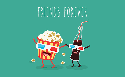Vector Cartoon Fast Food Friends Forever Popcorn Movie Ticket Cola Movies  Cinema Stock Illustration - Download Image Now - iStock